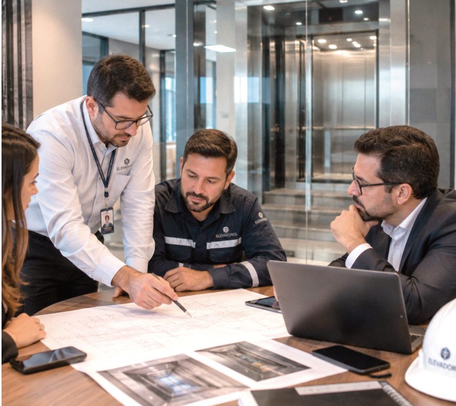 Consultor comercial e equipe técnica analisam projeto em reunião