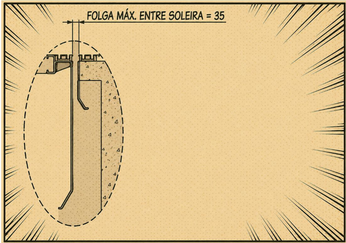 Detalhe da folga máxima de 35 mm entre as soleiras