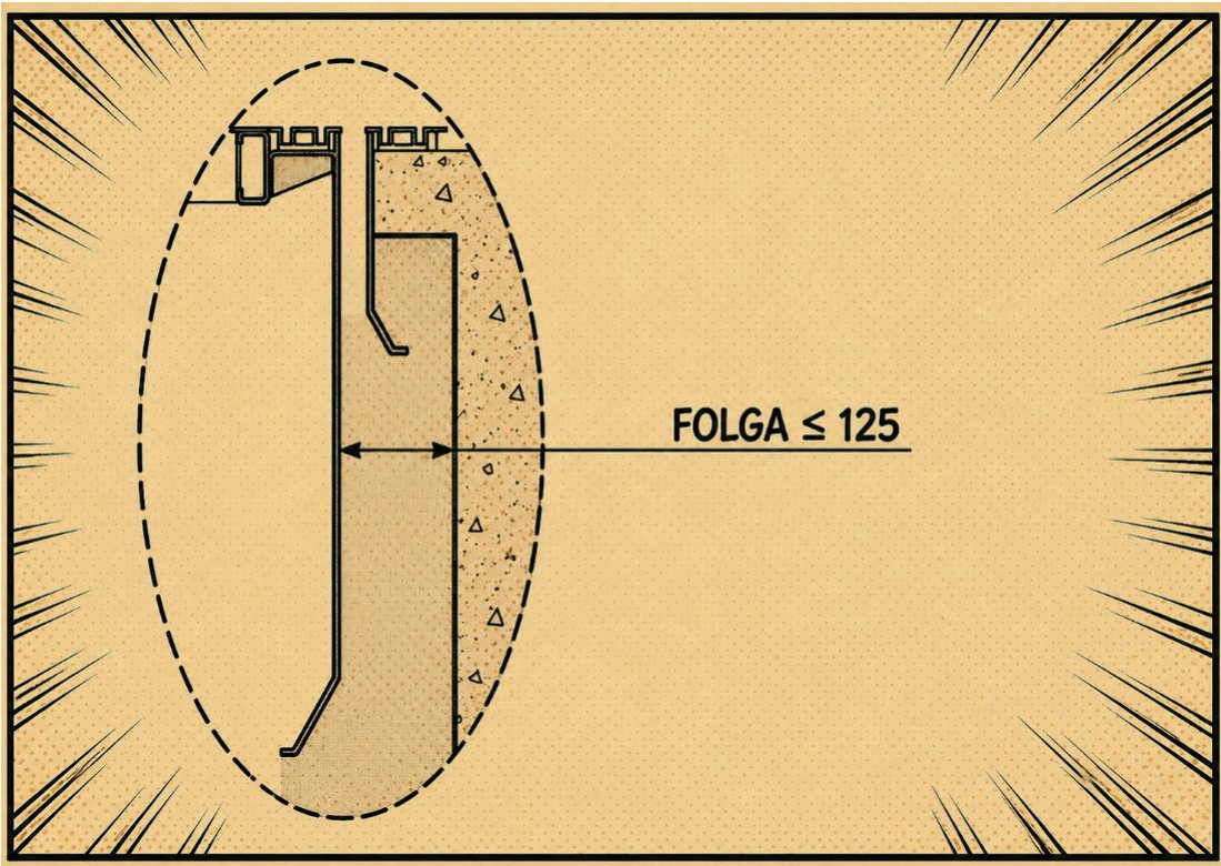 Detalhe da folga máxima de 125 mm entre a soleira da cabina e a parede da caixa